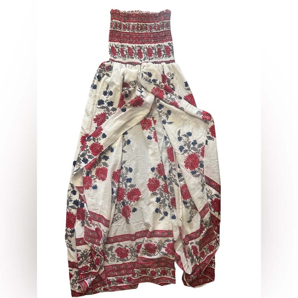Beautiful Strapless Red, White, & Blue Flowered Open Slit Maxi Dress
